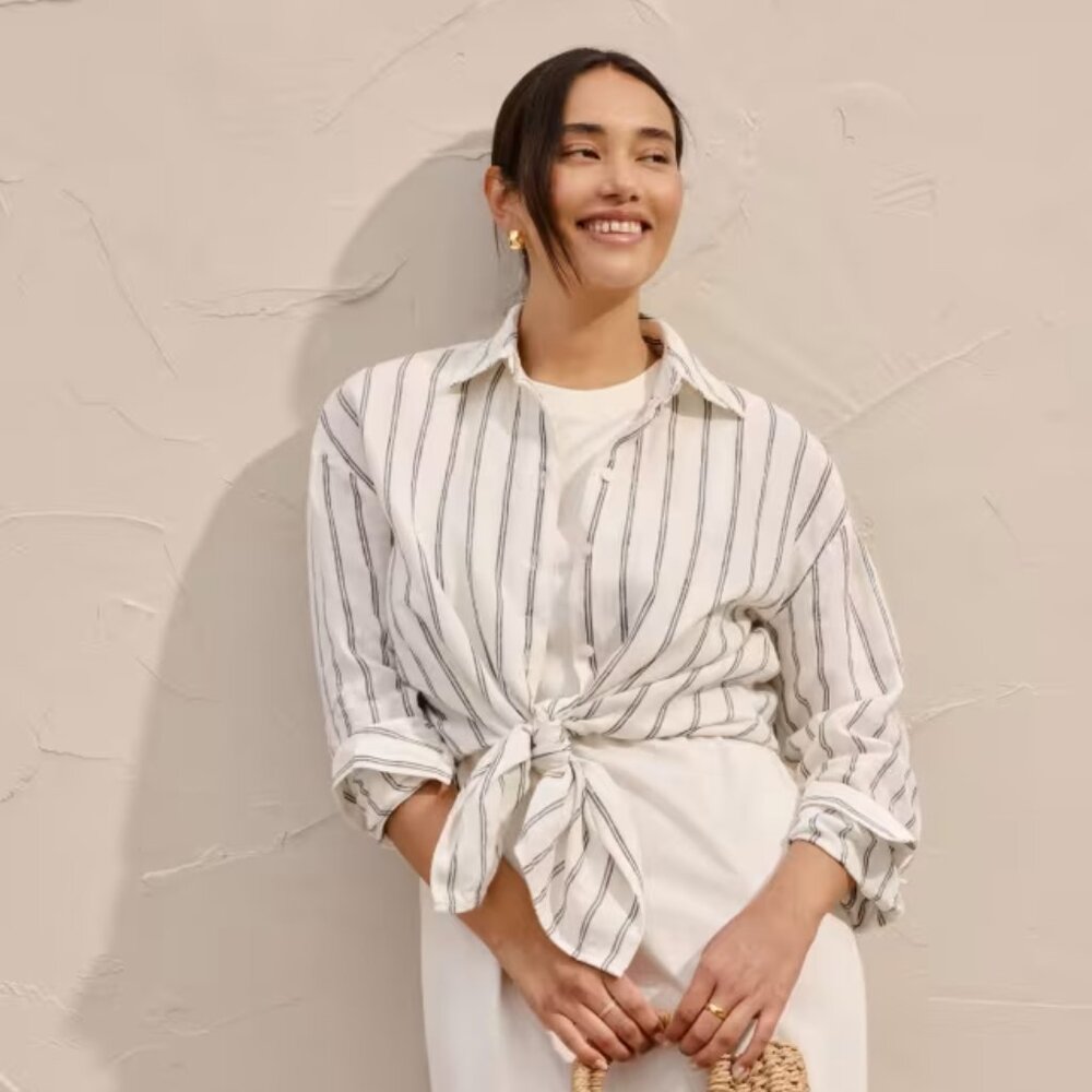 Everlane European Flax Linen Boyfriend Shirt Bone/Navy Striped SMALL